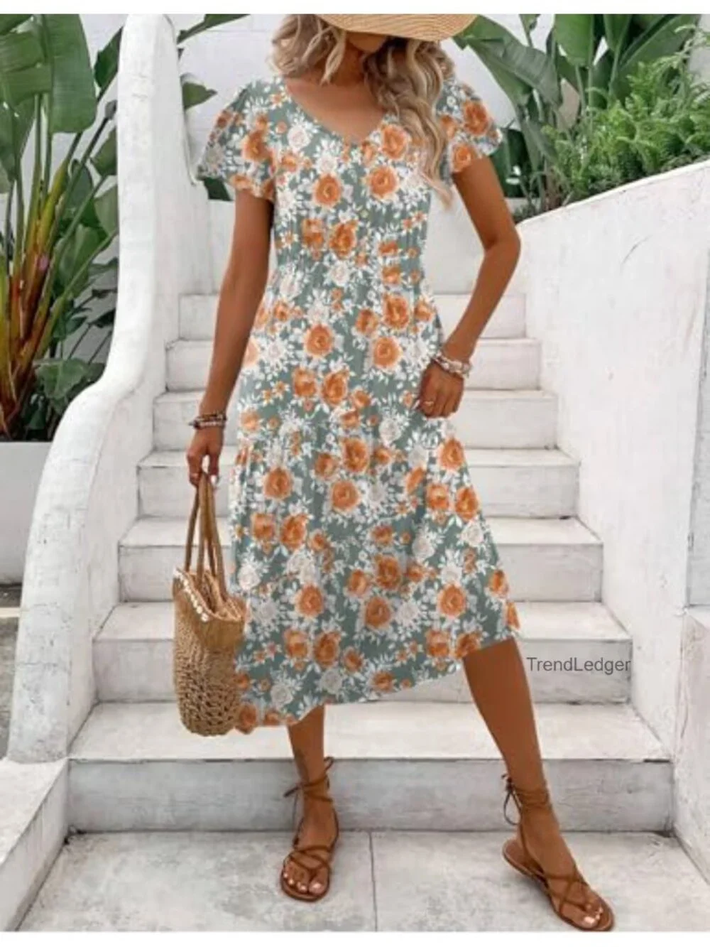 Women's Flutter Short Sleeve V-Neck Tiered Swing Dress with Pockets